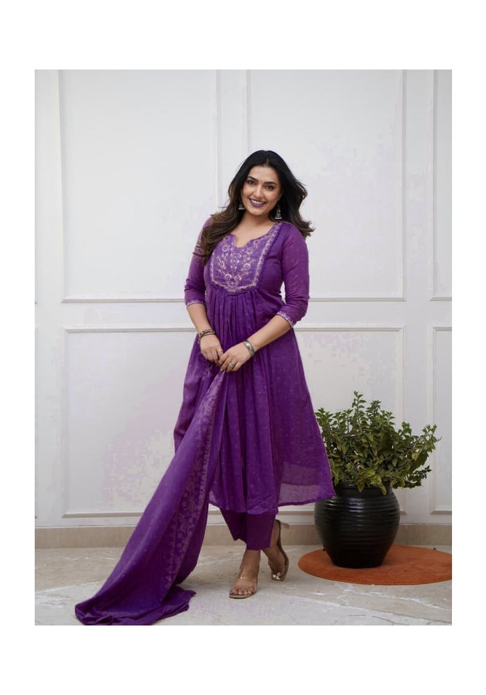 Malishka Export Purple Cotton Embroidery Anarkali Kurta Pant for Women - Image 5